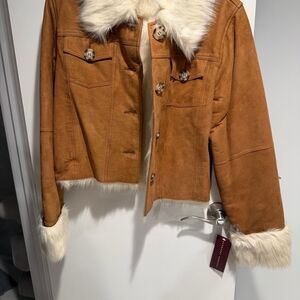 Elegant Brown Teddy Jacket with Faux Fur Accents With Tags